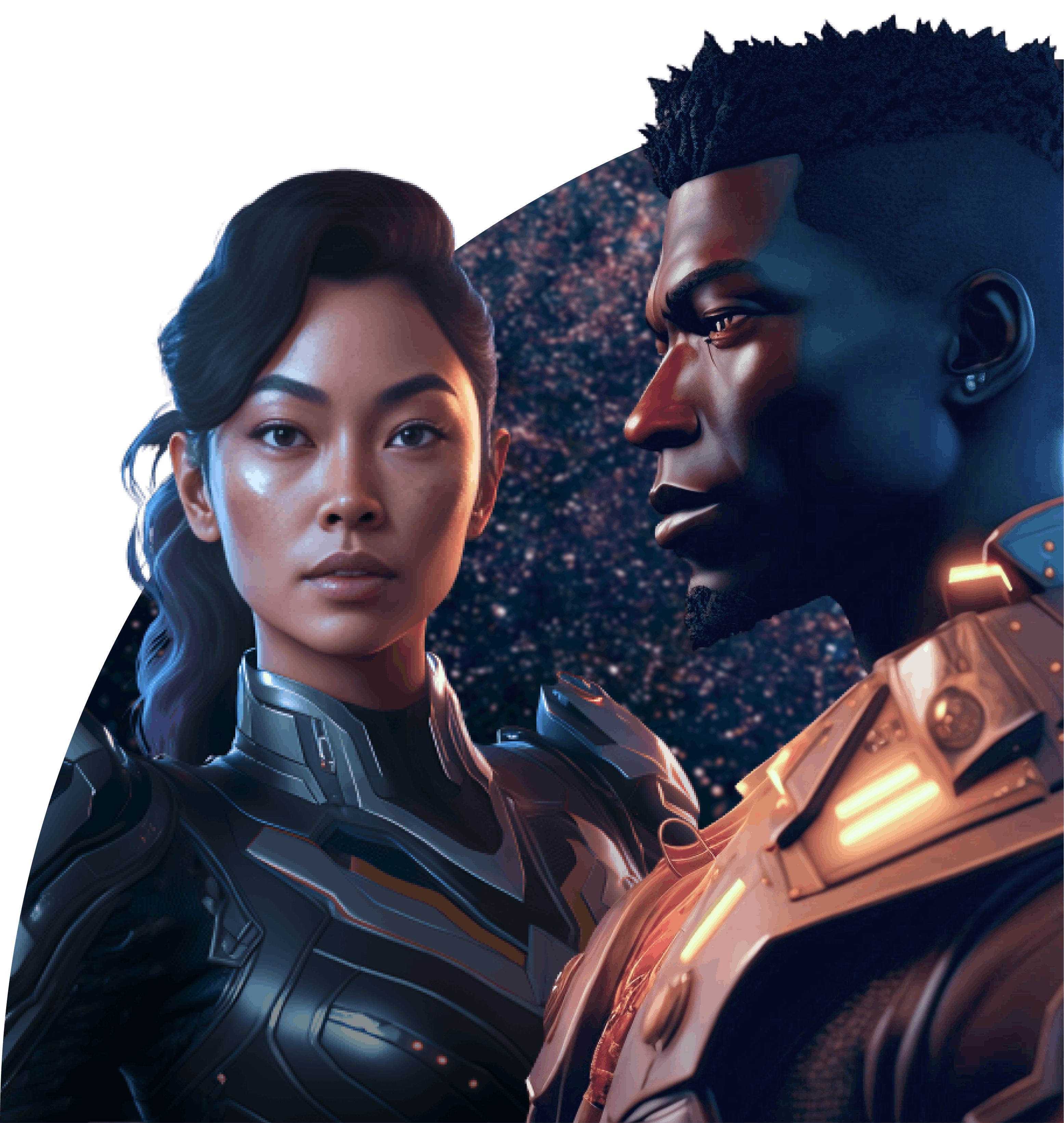 On a starry background there's an Asian futuristic looking NPC spacewoman and a black space captain NPC in profile with a brown jacket. 