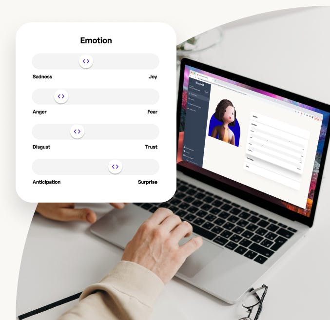 A screenshot of the Inworld AI studio showing someone creating an AI character. There is a UI element that shows the ability to toggle between sadness and joy, anger and fear, disgust and trust, anticipation and surprise