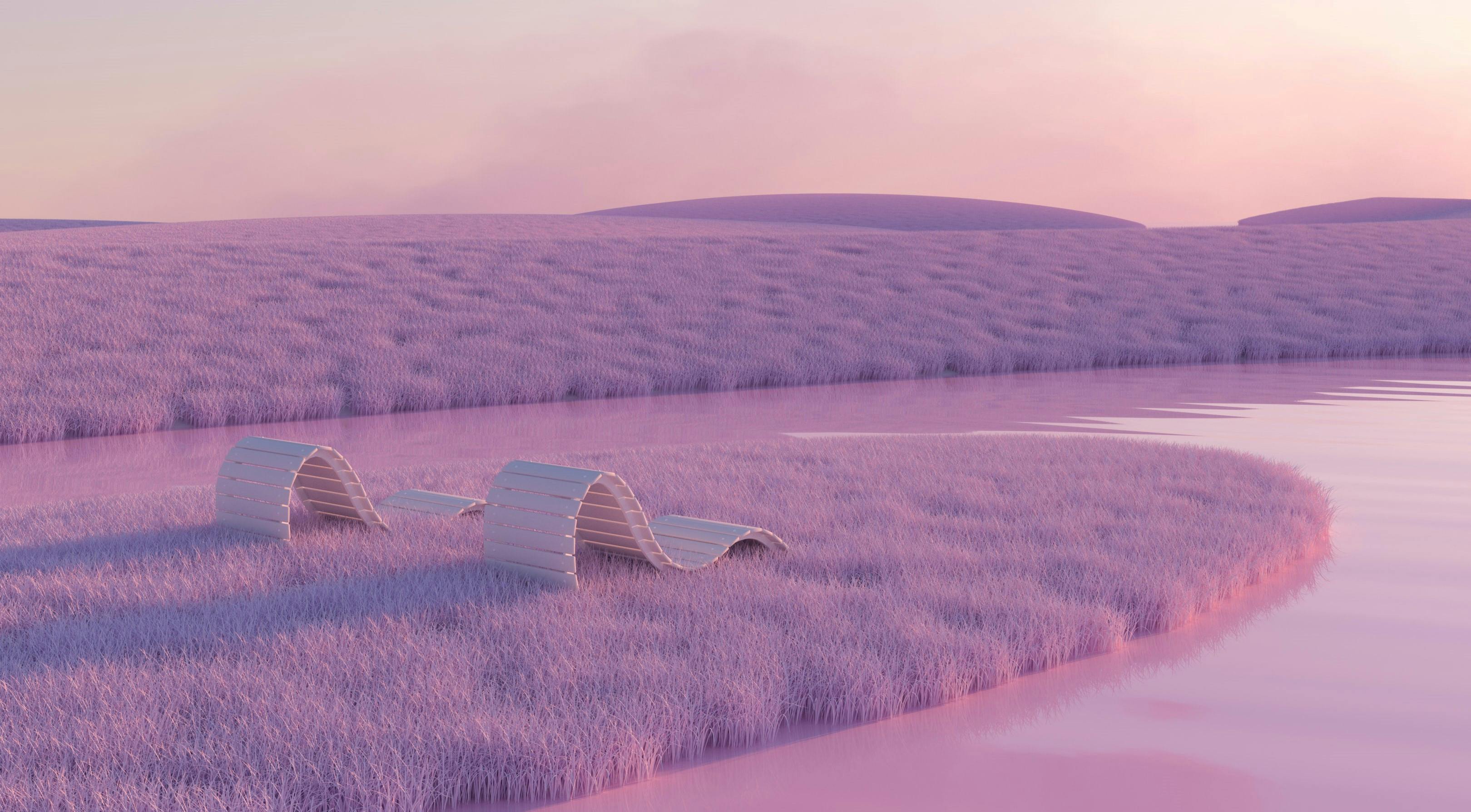 A photo of a digital world with no metaverse users. The world has pink rolling hills and a pink lake. there are two empty lounge chairs. 