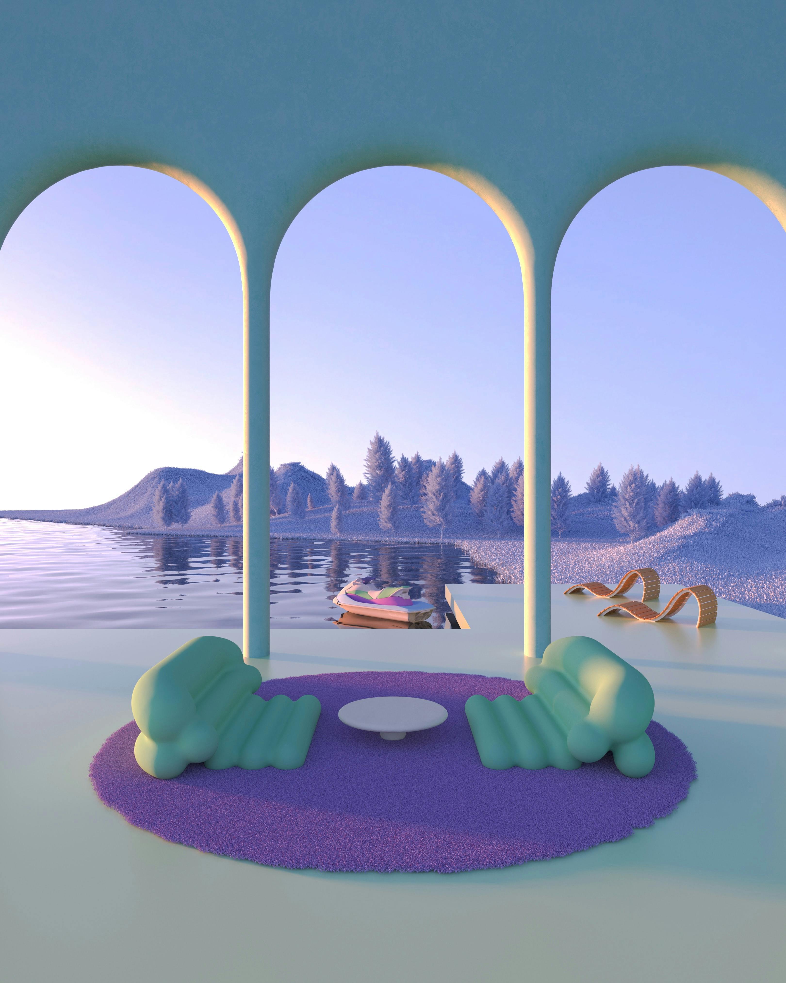 An empty metaverse world showing a home with green couches and a view of a lake with no people. This is to show that metaverse users aren't showing up. 