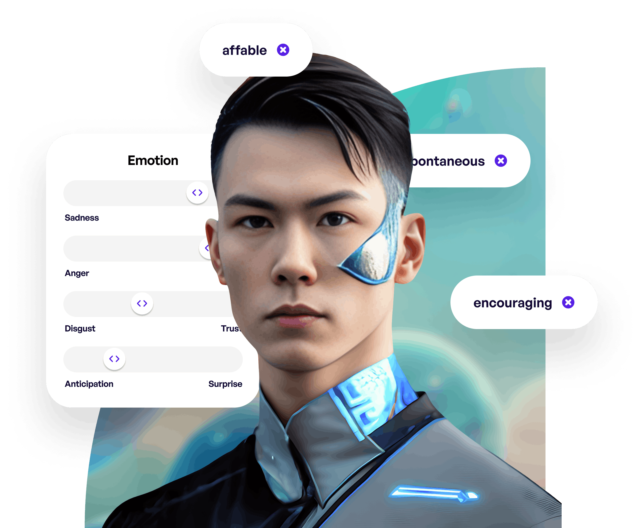 On a blue background there's a male Asian star captain  and bubbles around him to explain him characteristics and personality