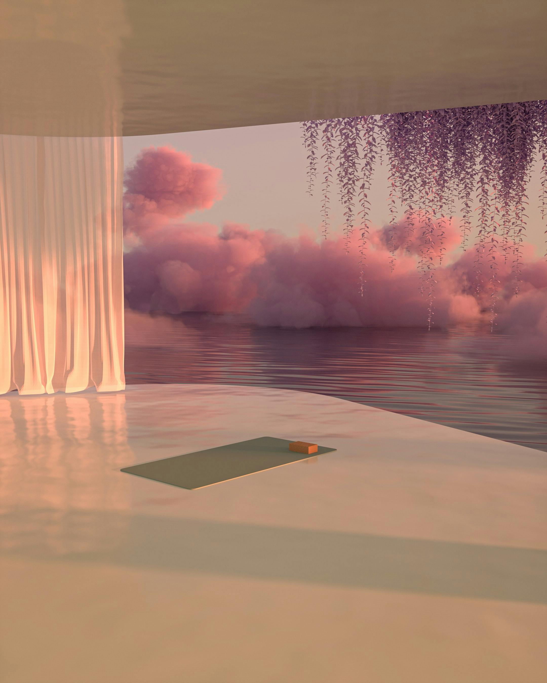A view from an empty metaverse house out at a lake with pink clouds. This is to represent problems with the metaverse market around low concurrent metaverse users