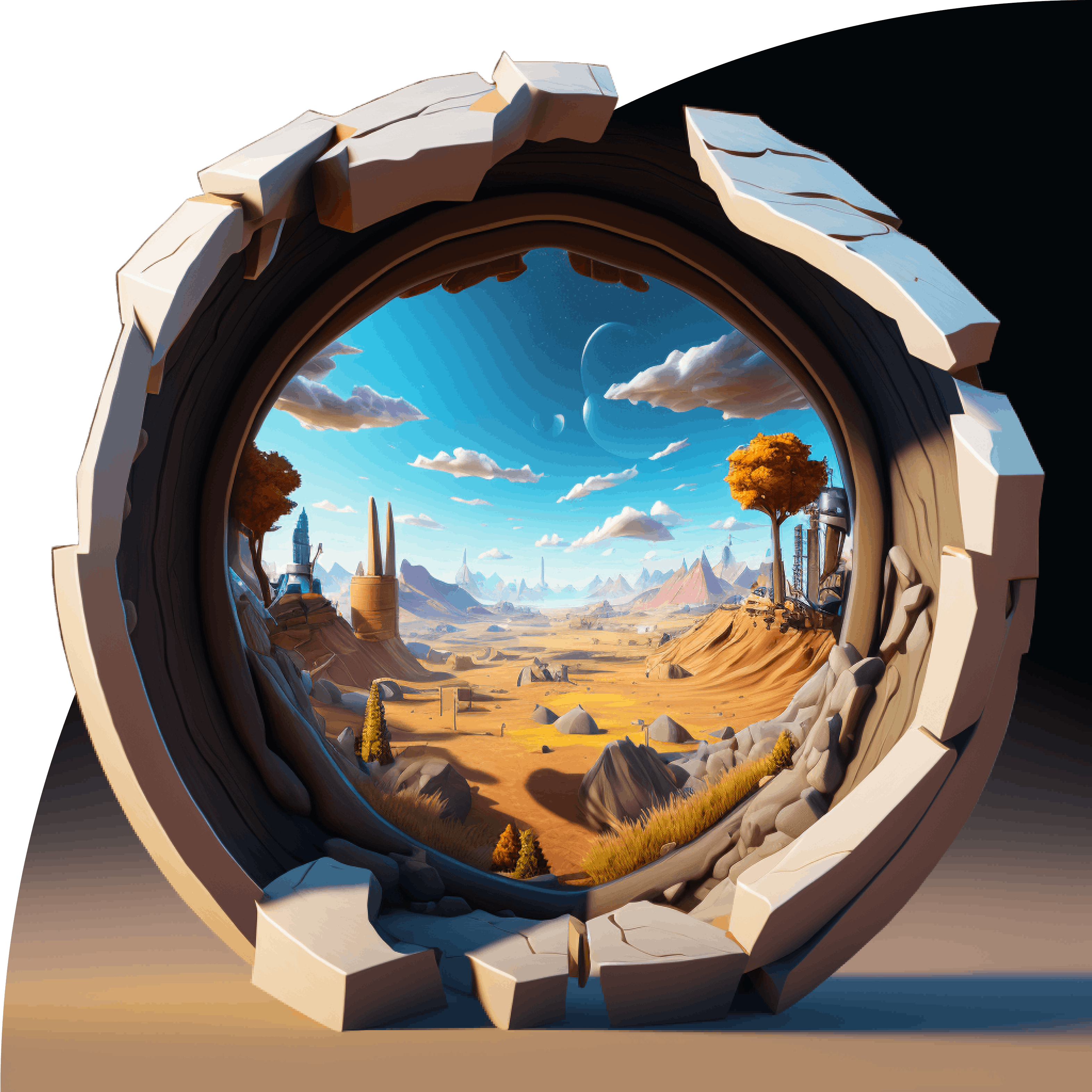 There is a portal with a video game world beyond that has no NPCs in it.