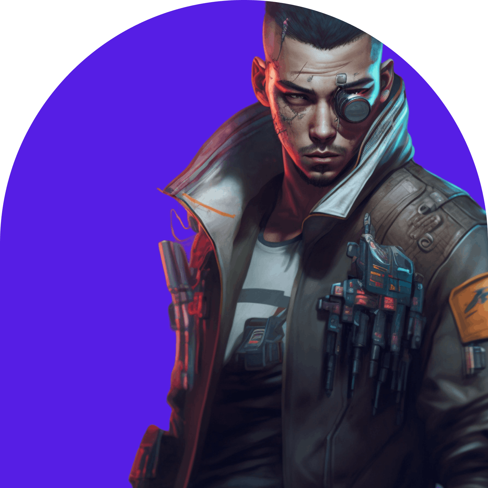On a purple background there's an futuristic looking NPC in a leather jacket and tech around his eye.