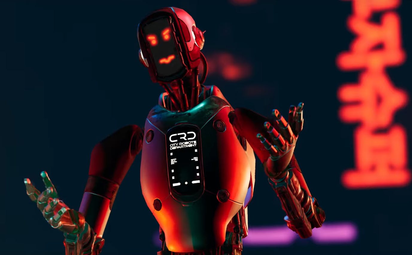 Robot in red color with his arms up 