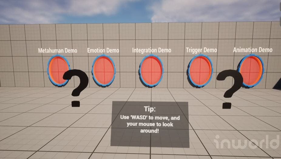 An image of the Inworld Demo gallery in Unreal showing portals to the Metahuman demo, the emotions demo, the integrations demo, the trigger demo, and the animations demo.