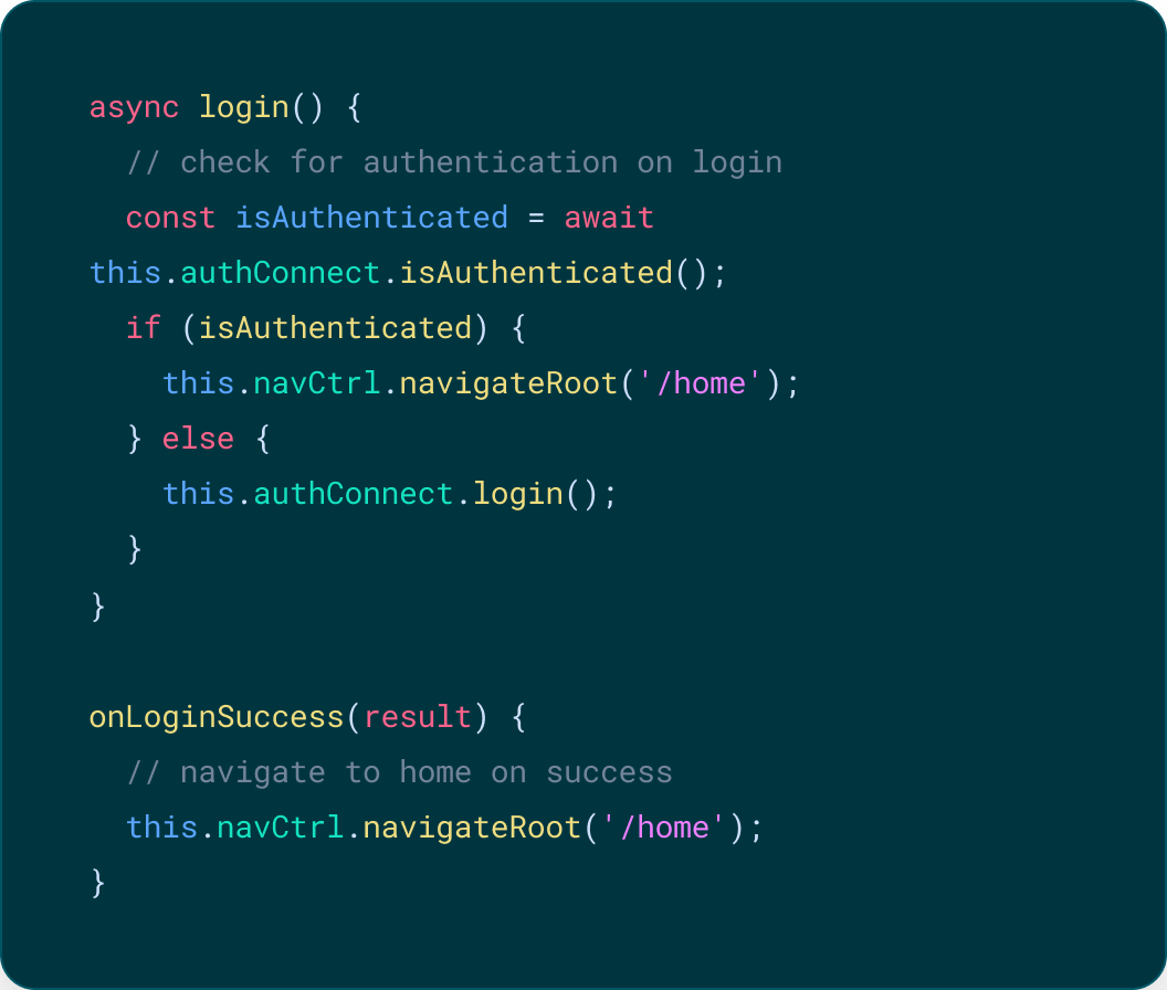 Code sample showing auth connect being used in a login function