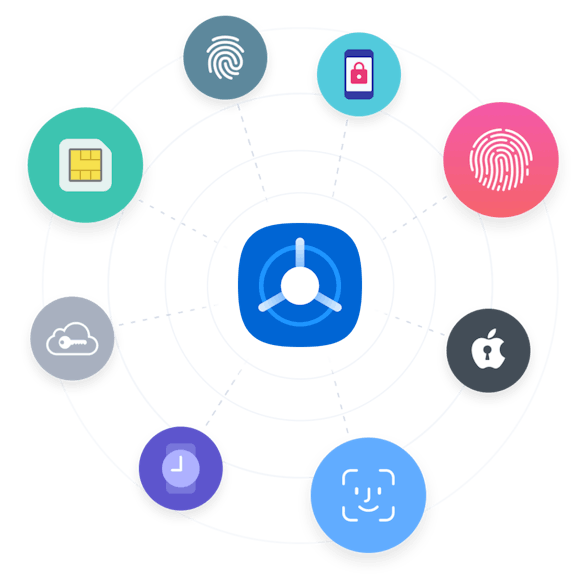 Wheel with app icons surrounding identity vault icon