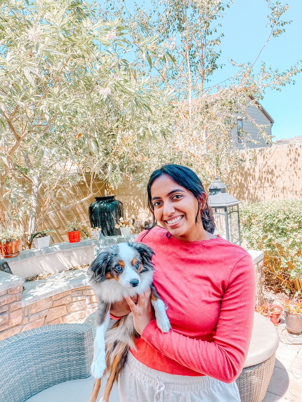 person in pink shirt holding dog outside 