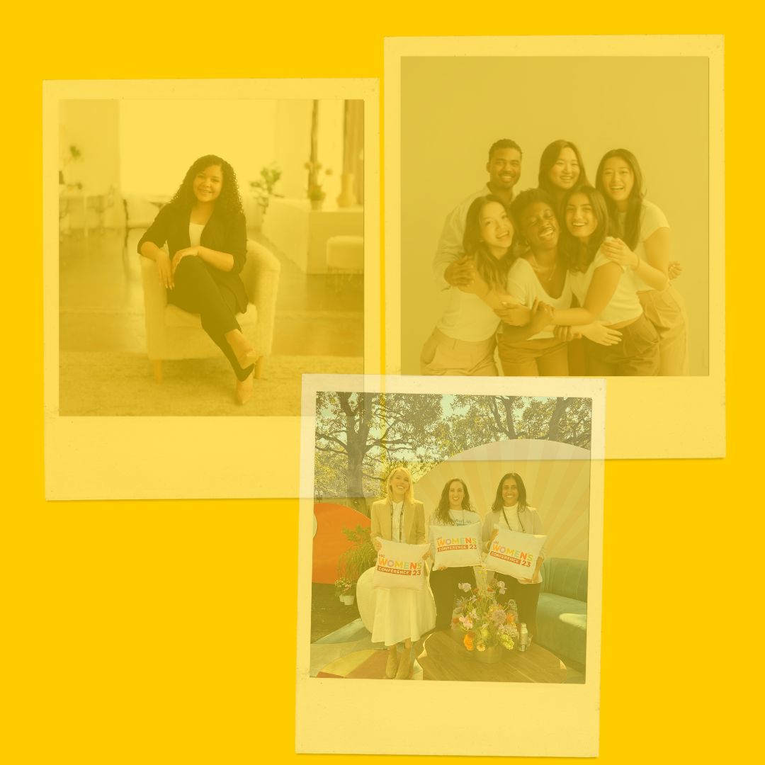 Yellow photo collage of images that look like old school polaroid pictures. Top left is a women in black sitting in a chair. Top right is a group of people smiling and laughing at the camera. The bottom middle image shows three women holding pillows that read "The Women's Conference '23". 