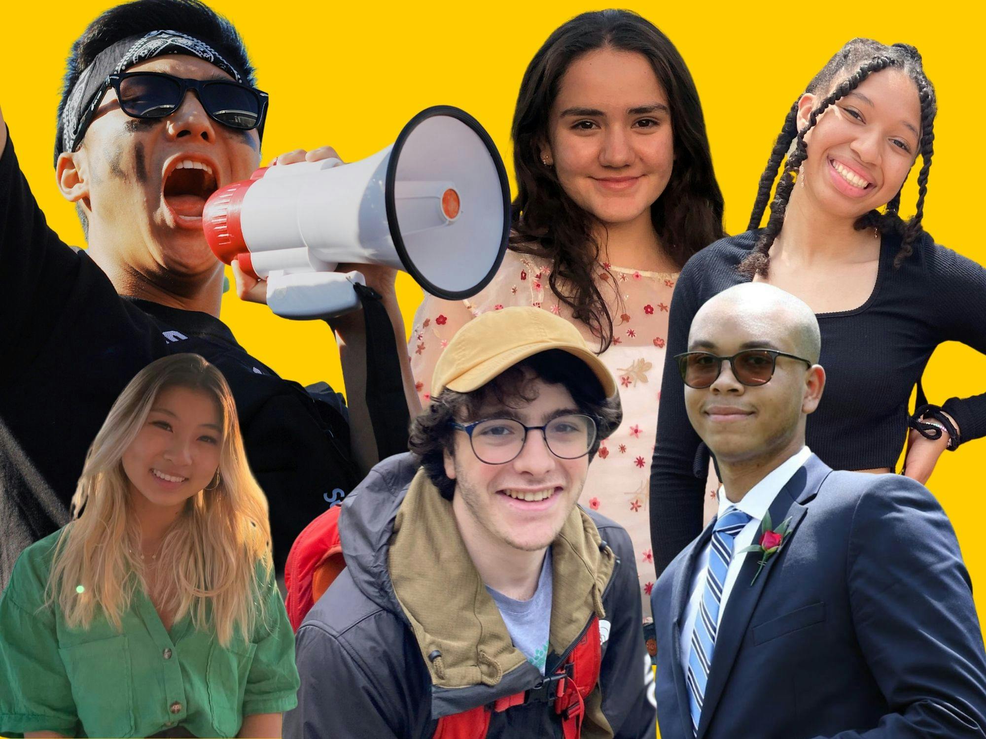 Six young people on a yellow background. From left to right: a man in sunglasses yelling into a megaphone; a woman smiling wearing floral blouse; woman with long braids, tilted head smiling wide; woman with blonde hair and green top; male with glasses, beige cap, and rain jacket; bald male with sunglasses, blue suit and striped tie