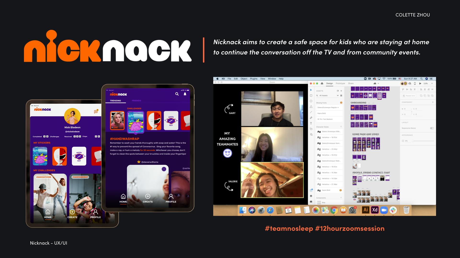 A graphic for a program called Nick Nack. Sample mobile designs are mocked up on the left, and on the right is a screenshot of a desktop, including a videoconference call