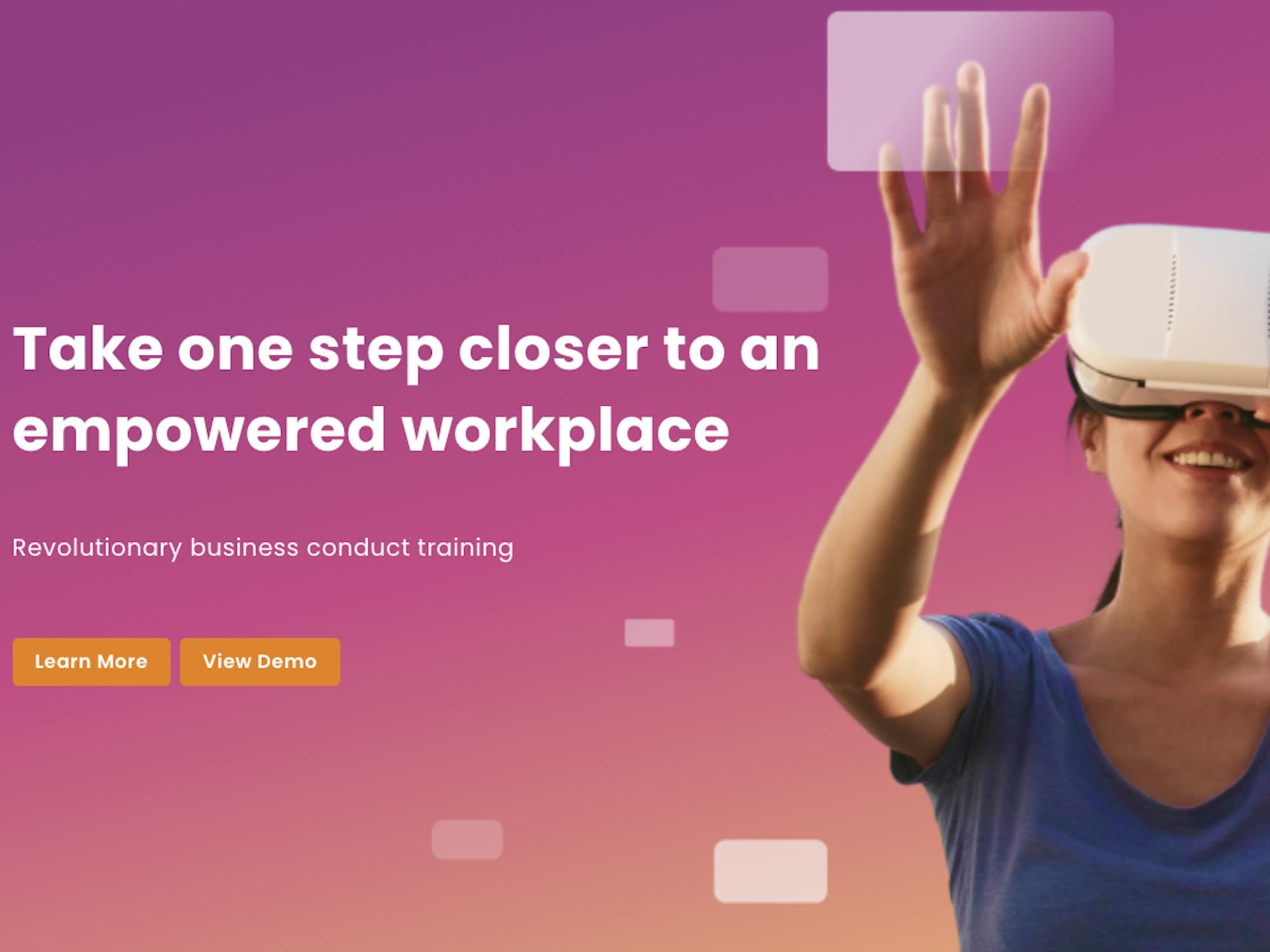 A webpage for a virtual reality company featuring a photo of a woman wearing a headset, text, and buttons for a demo or to learn more. 