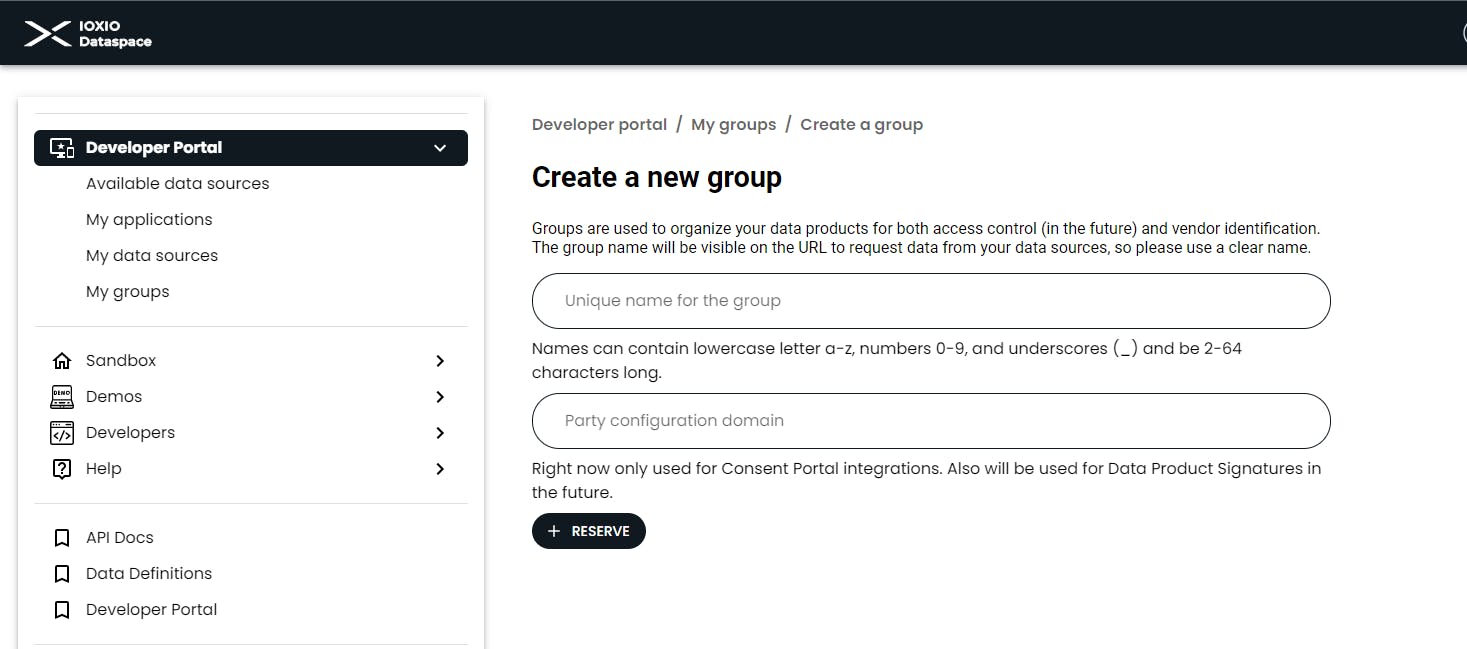 Screenshot of page for creating groups