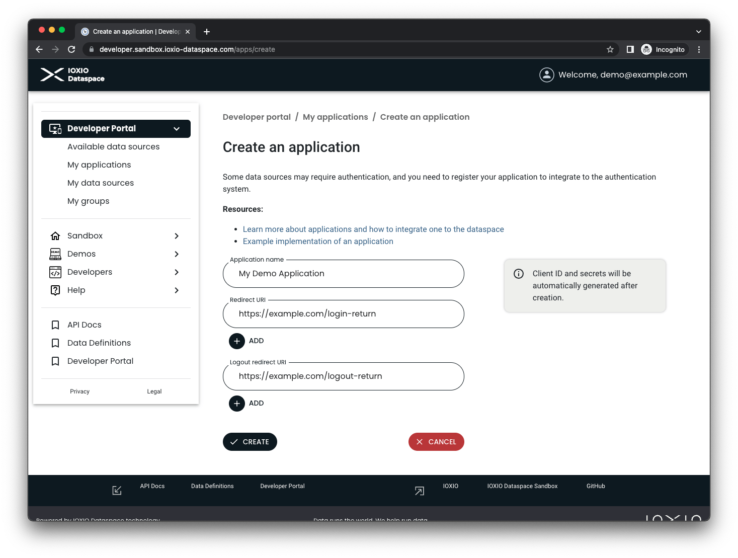 Screenshot of Create an application page