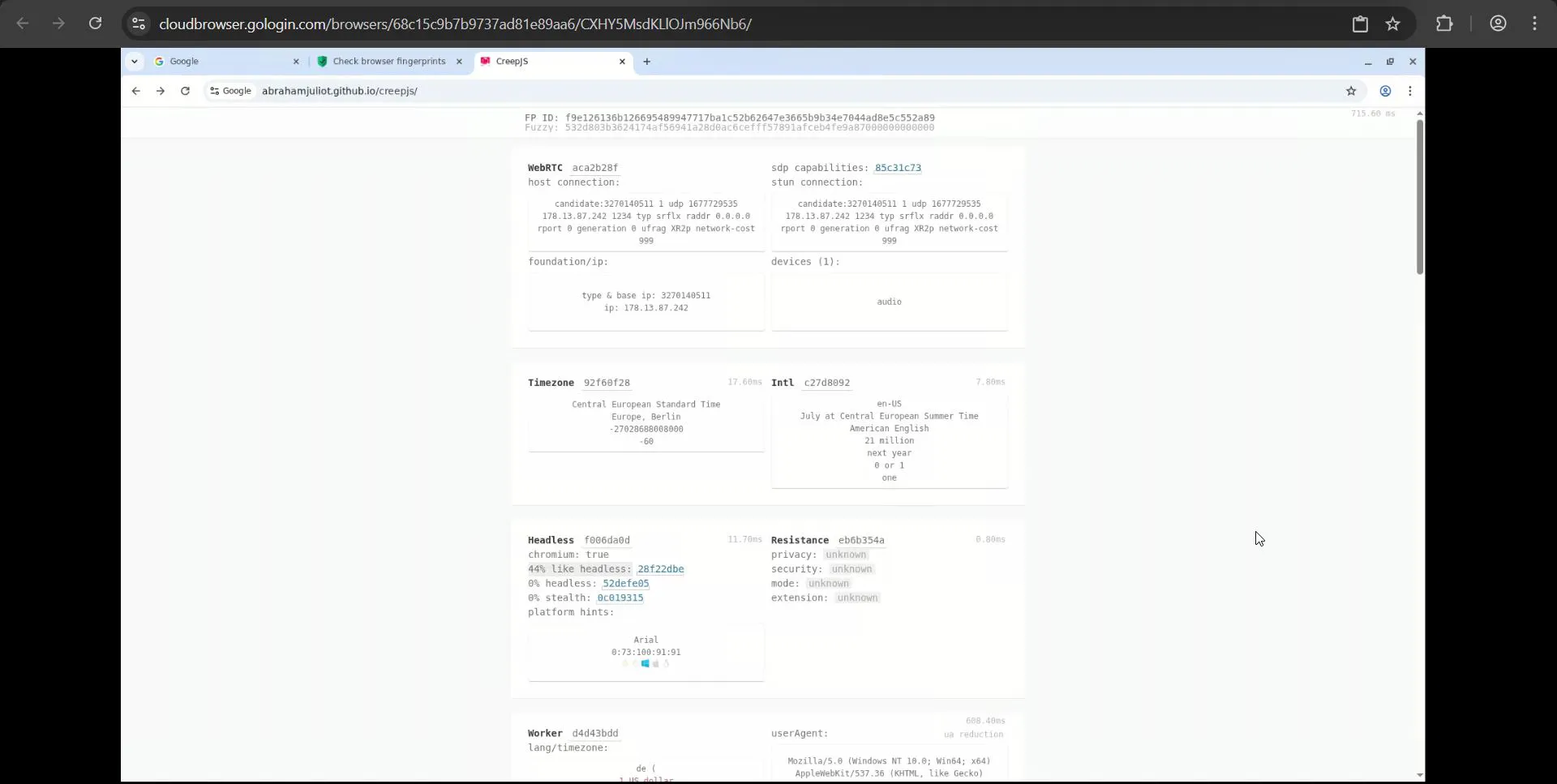 checking a cloud profile via CreepJS
