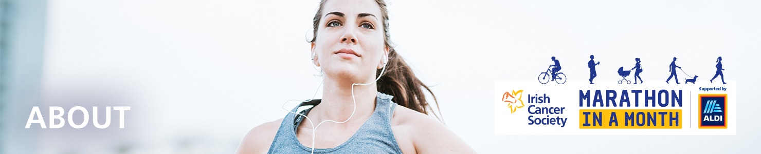 Close up of a woman running with headphones in - 'About' page title on the left and Marathon in a Month logo on the right