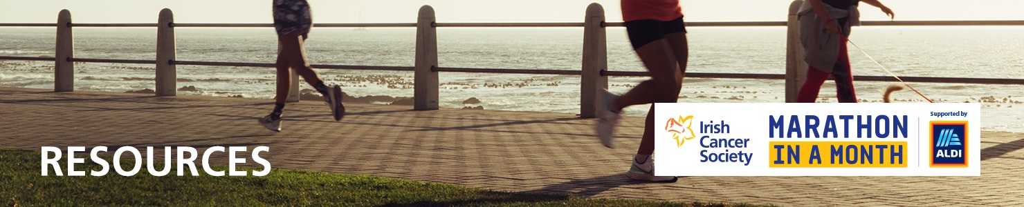 People running outside along the coast, with 'Resources' title to the left and 'marathon in a month' logo to the right