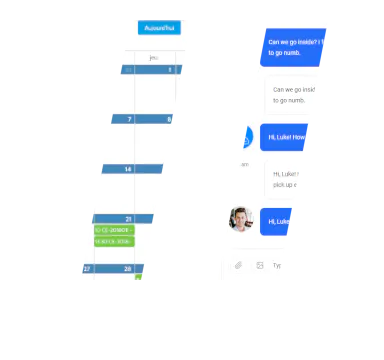 A split-screen image showing two sections. The left side features a calendar view with dates. The right side displays a chat conversation with repetitive messages.