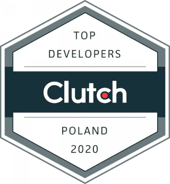 Clutch Top Developers Poland 2020 award badge, featuring a hexagonal design with a dark blue center and white text.