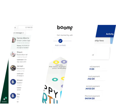 An image divided into three vertical sections, each displaying a different screen interface. The first section shows a messaging app with a list of contacts. The second section features a screen from an app Boomf with the prompt 'Get started by adding content' and an 'Add content' button. The third section is labeled 'Activity' and lists membership fees along with planned payment dates.