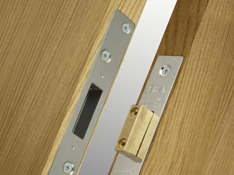 An image of a door lock on a wooden door