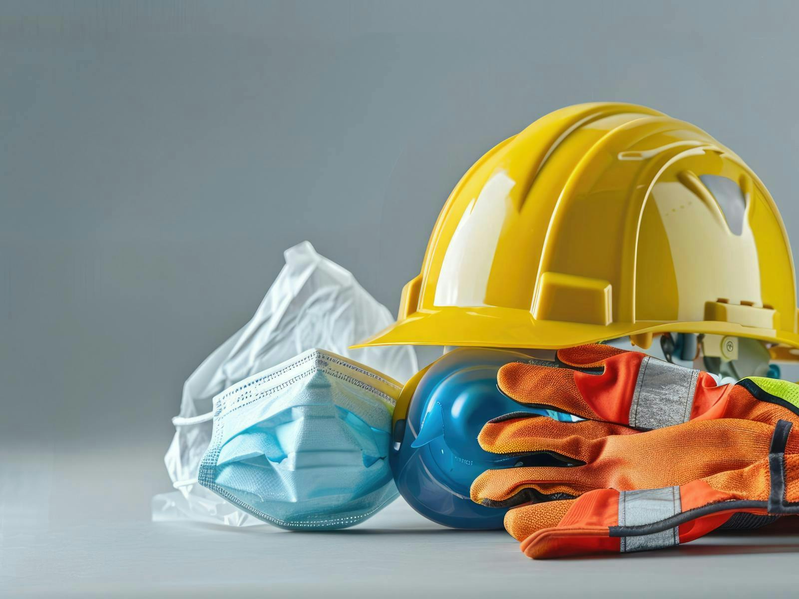 A selection of PPE, including a hard hat, mask, and gloves.