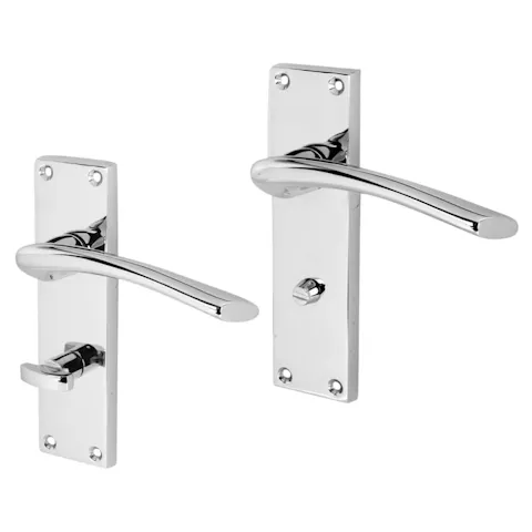 An image of polished chrome door handles