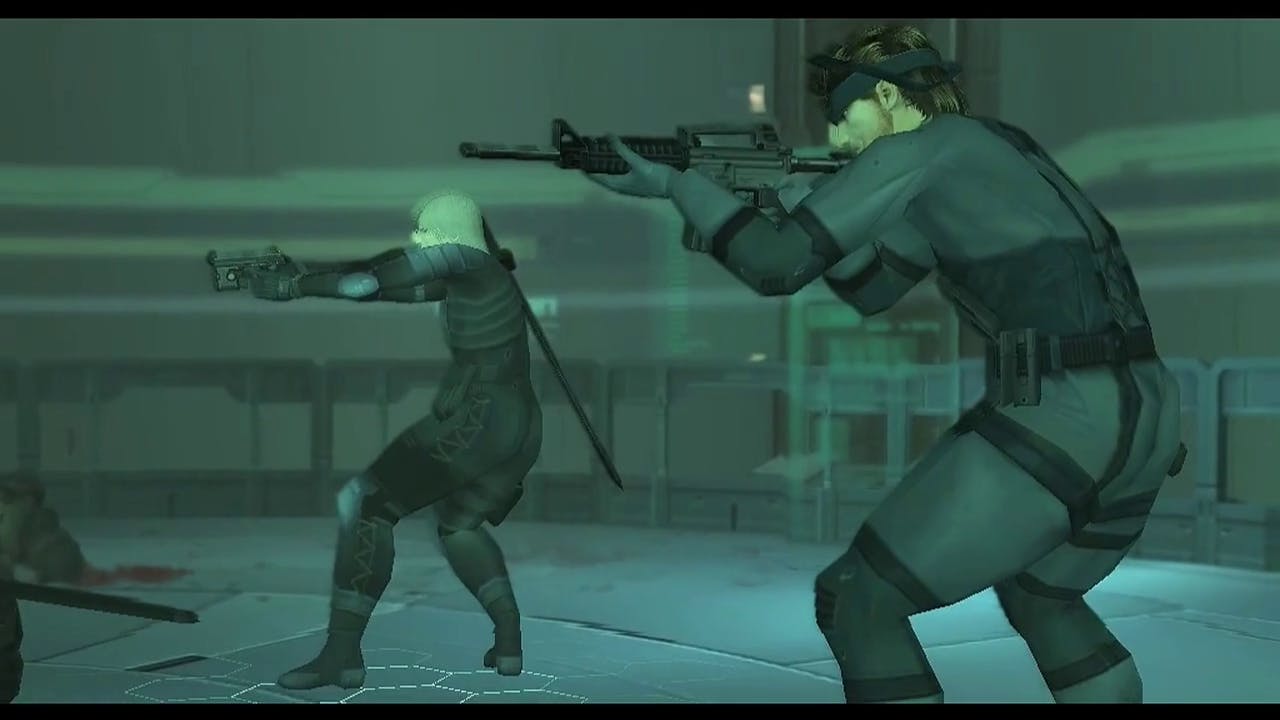 Snake and Raiden pointing there guns at target offscreen