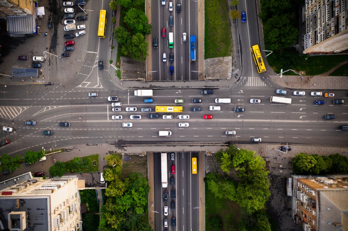 Highway traffic jam drone aerial image