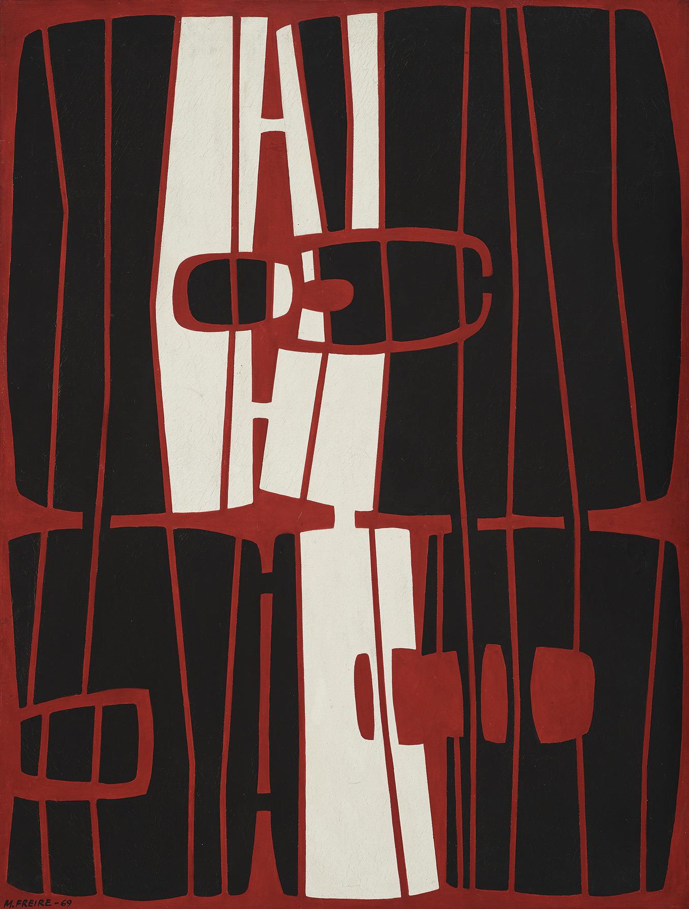 A painting of abstract black and white shapes on a red background.