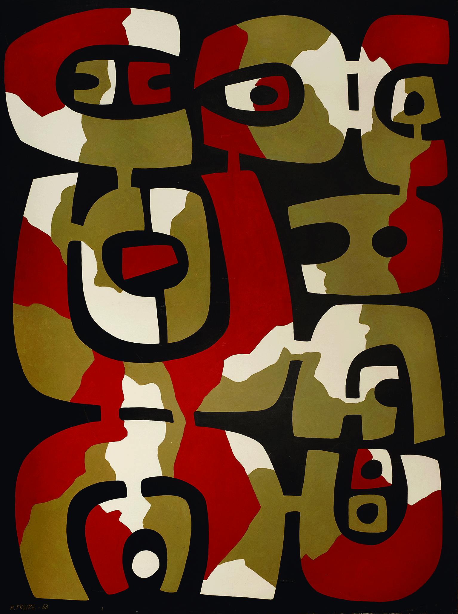 A painting of abstract horseshoe-like forms using black, red, light yellow, and brown.