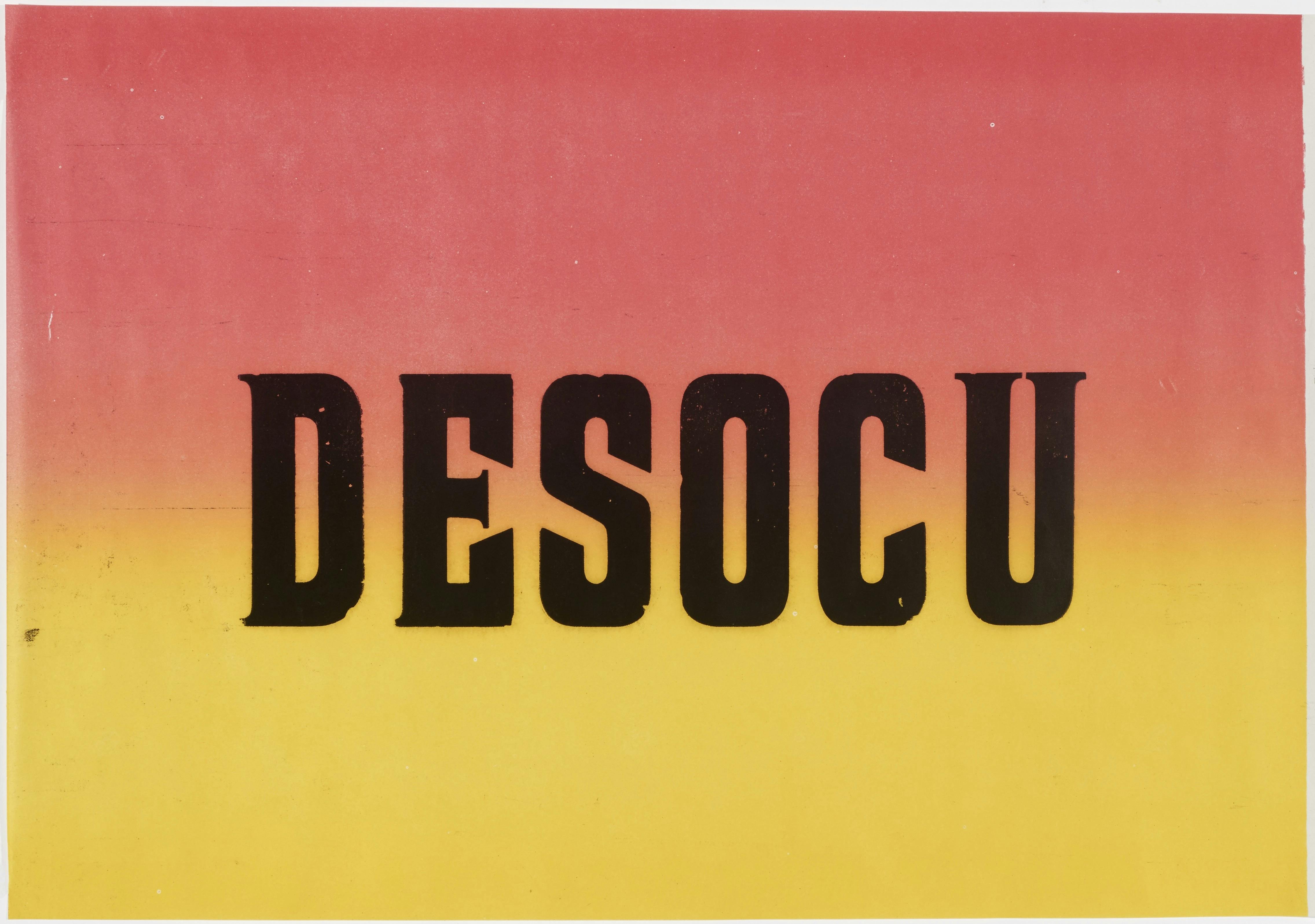 A rectangular poster oriented horizontally. Against a red-yellow gradient backdrop, the word-fragment “DESOCU” is printed in capital block letters in a serif font.