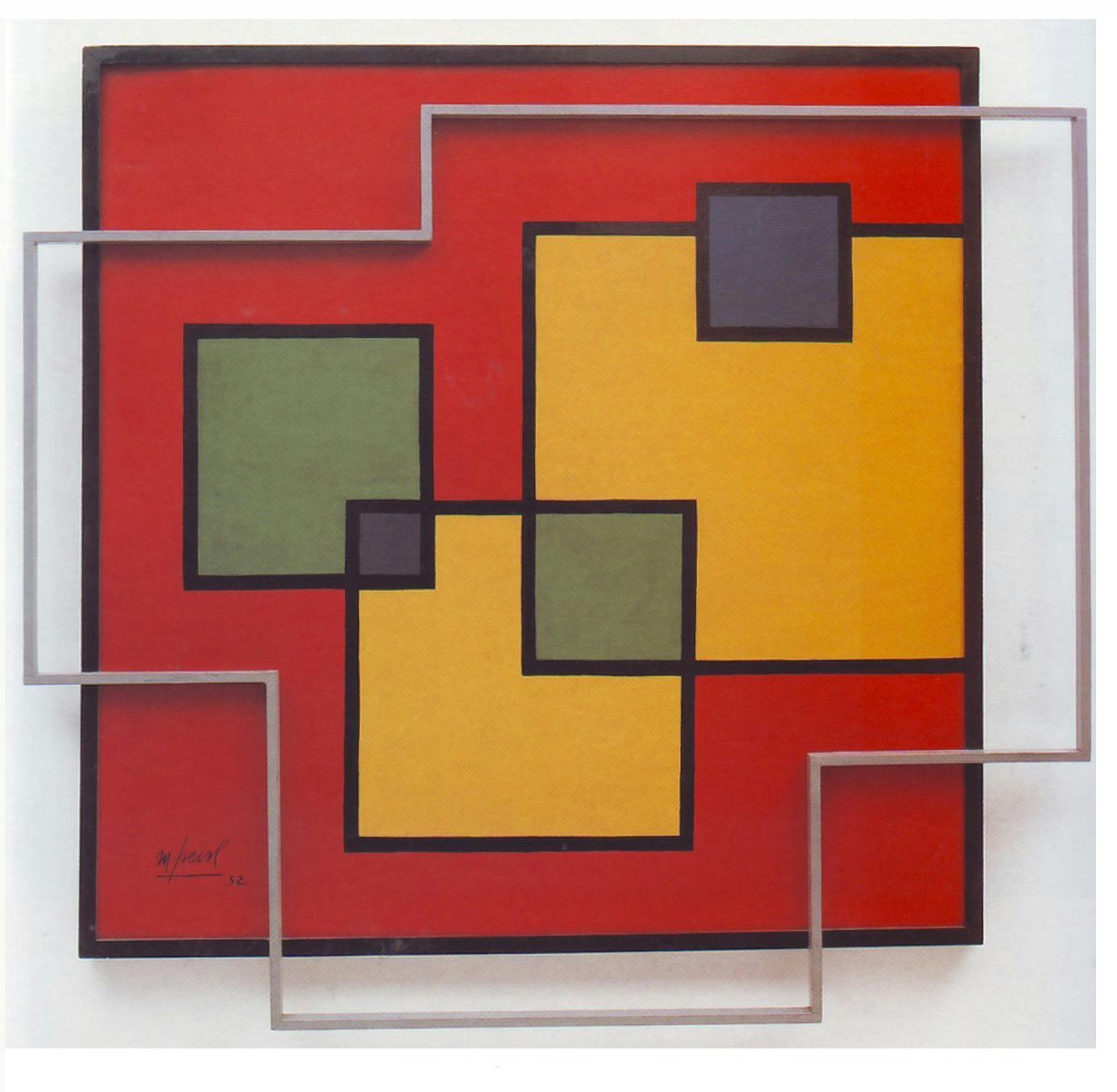 A painting of various overlapping polygons in red, yellow, purple, and green.