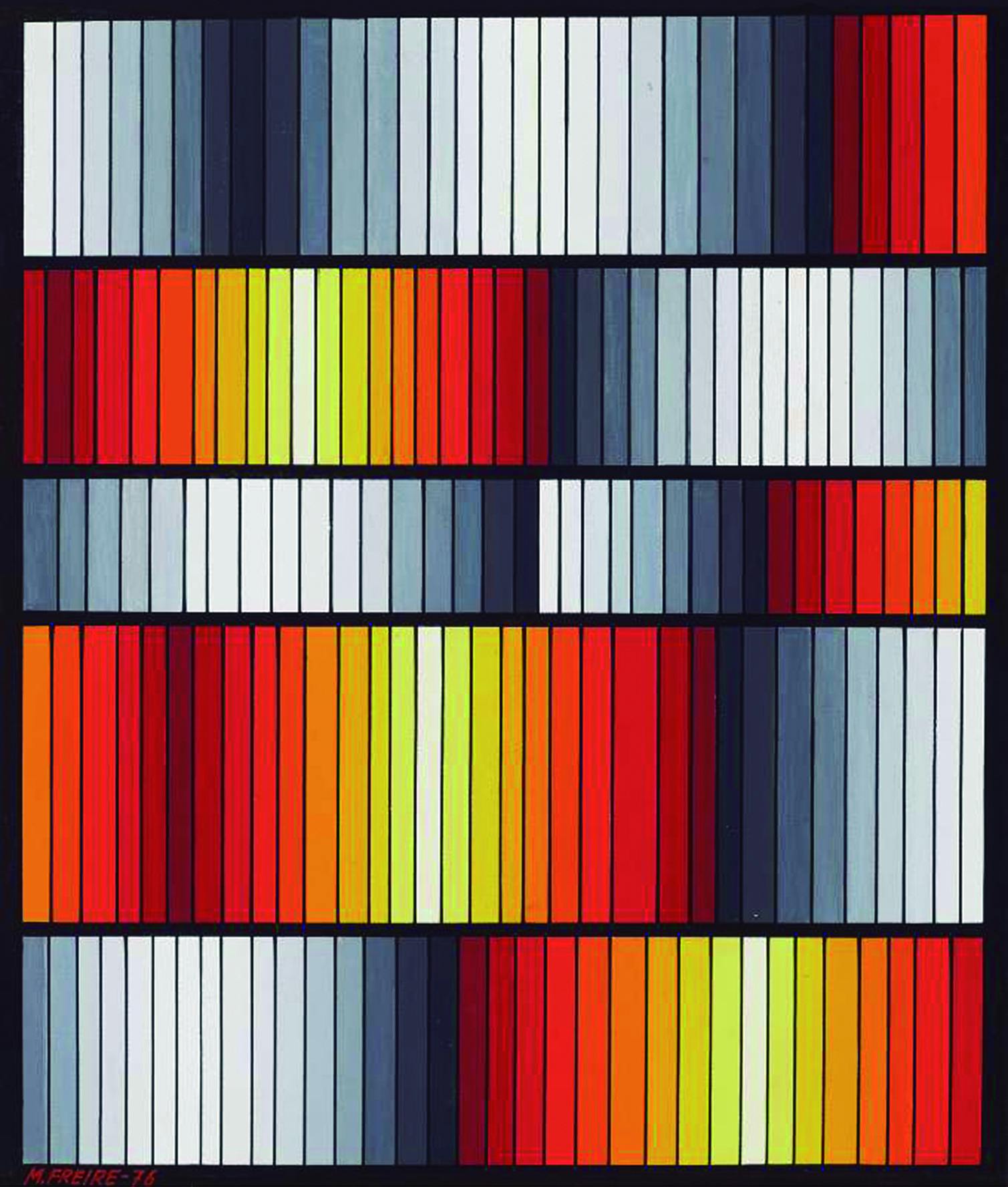 A painting of alternating grey shades and warm tones of red, orange and yellow in a grid.