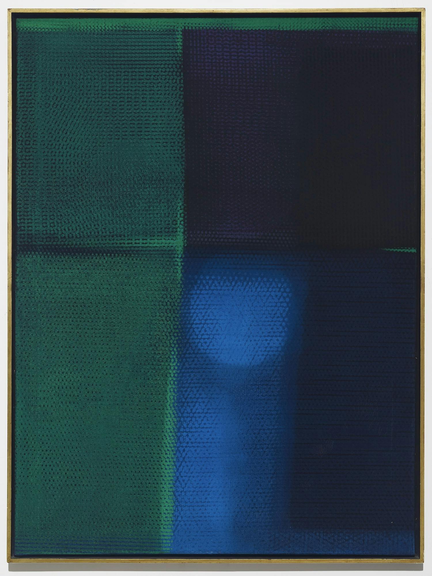 Aluminum foil painting by José Antonio Fernández-Muro that uses the impressions of various urban textures that are then overlaid with a blue and green pigment.
