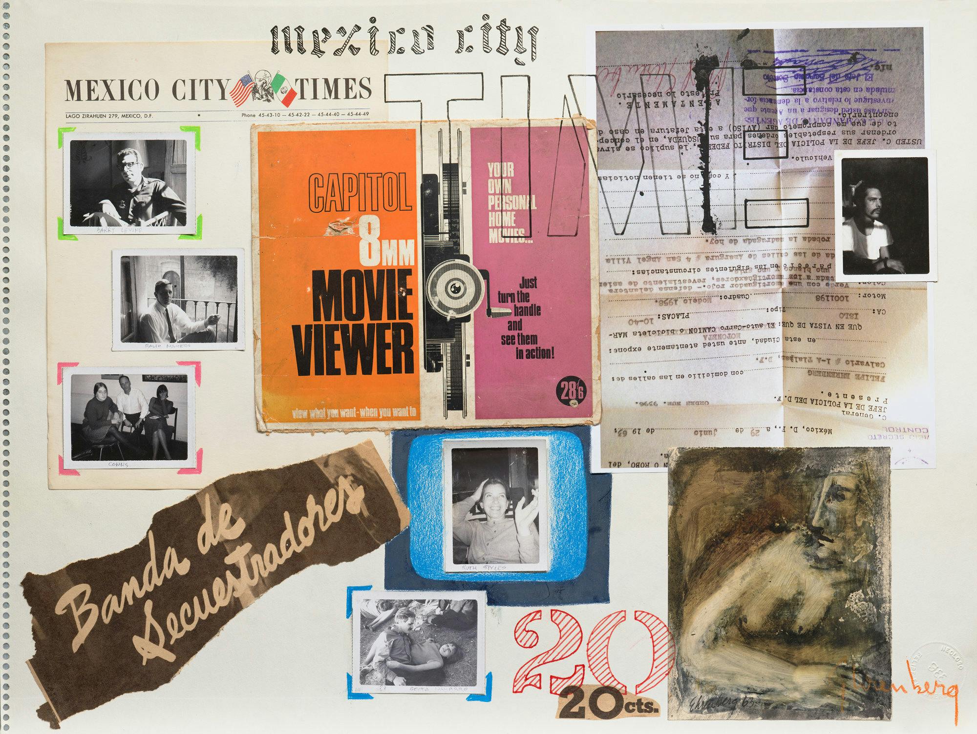 A collage showing fragments newspaper and magazine clippings, overlaid with stenciled text.
