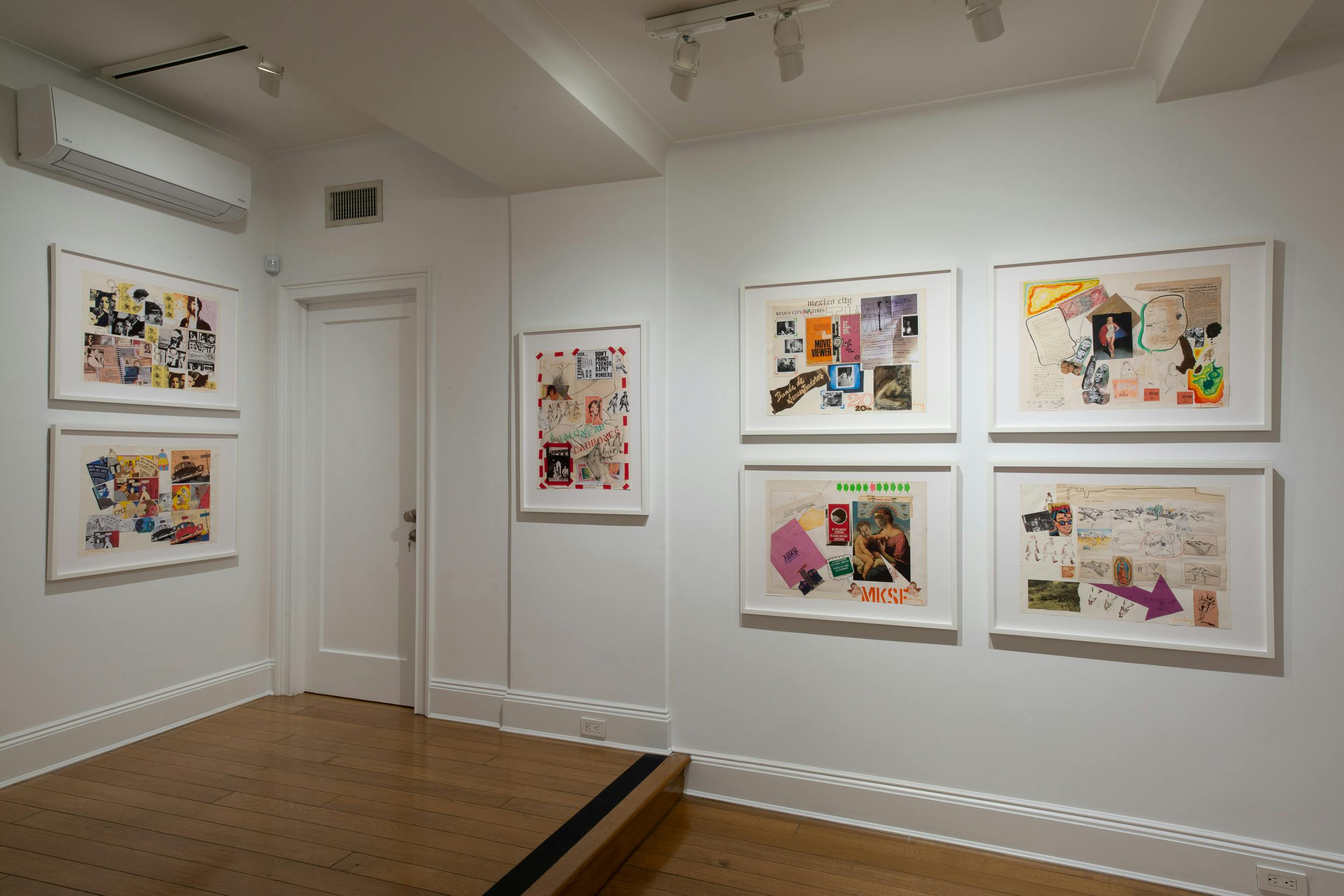 View of a corner in ISLAA's gallery featuring wall-mounted, framed works for the exhibition Felipe Ehrenberg: Testamento.