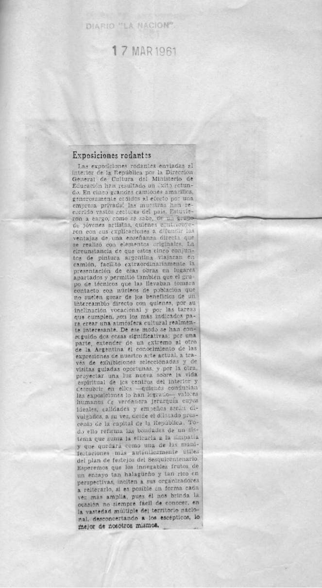 Fig. 12. Press clipping of the article “Exposiciones rodantes,” La Nación, March 17, 1961. Traveling Cultural Exhibitions folders. Private collection