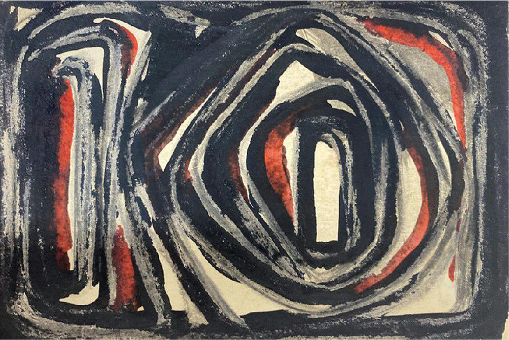 An abstract painting of a rectangle and a spiral-like figure in red, white, and black.