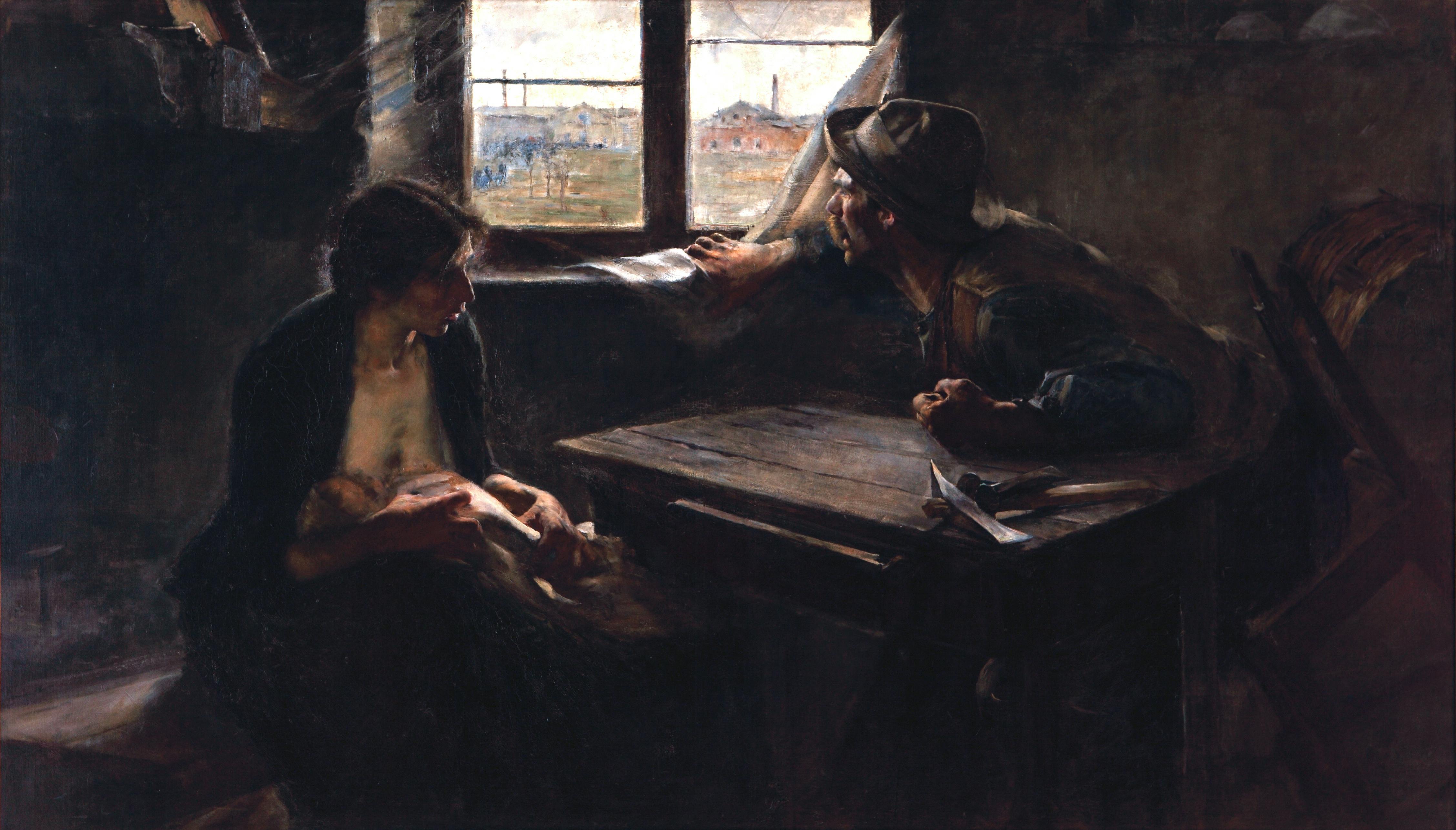 Oil on canvas painting of a woman breastfeeding a baby, and a man looking out of the window, in a dark domestic interior..