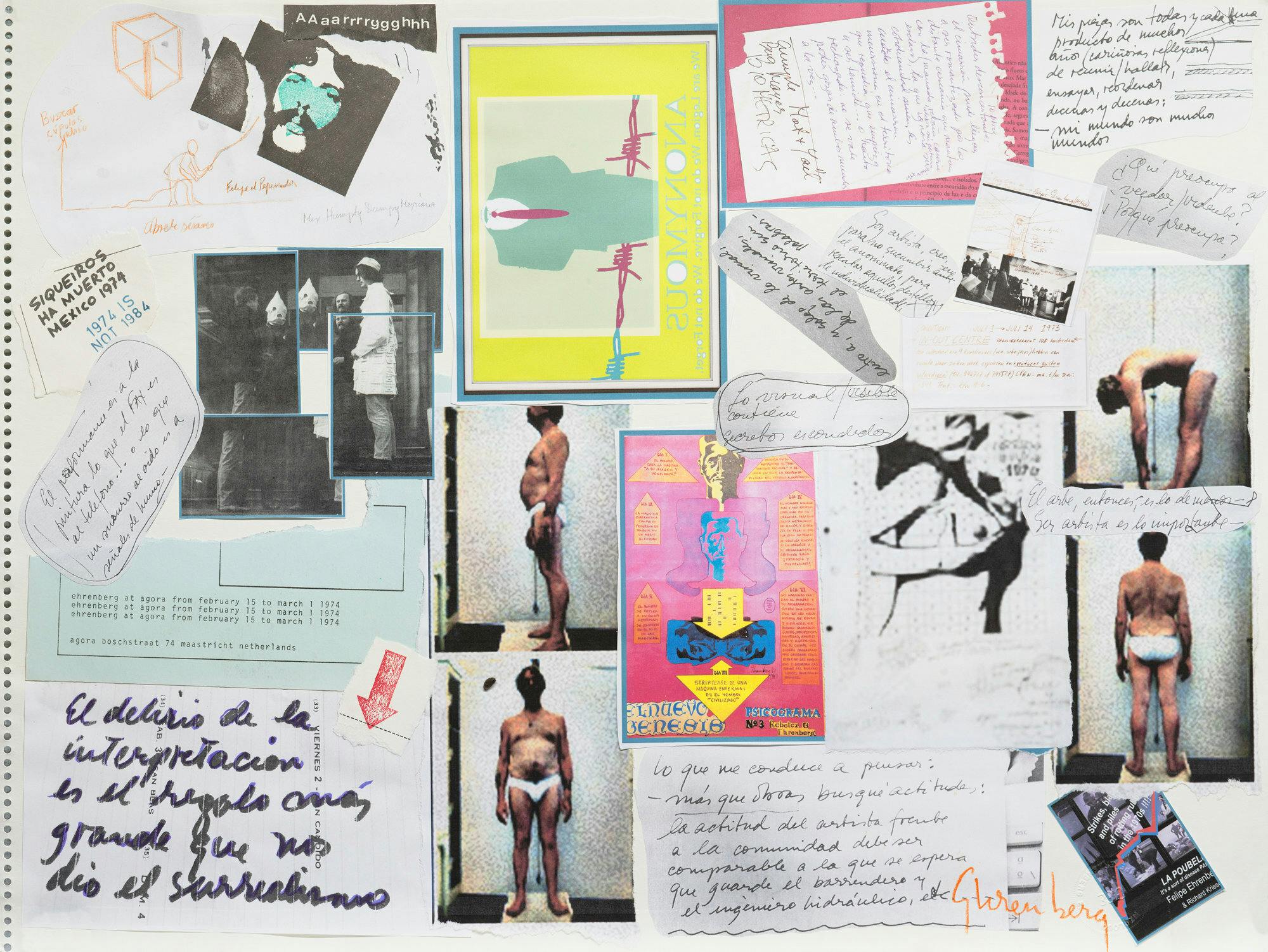 A collage showing fragments of handwritten notes and portraits of Felipe Ehrenberg.
