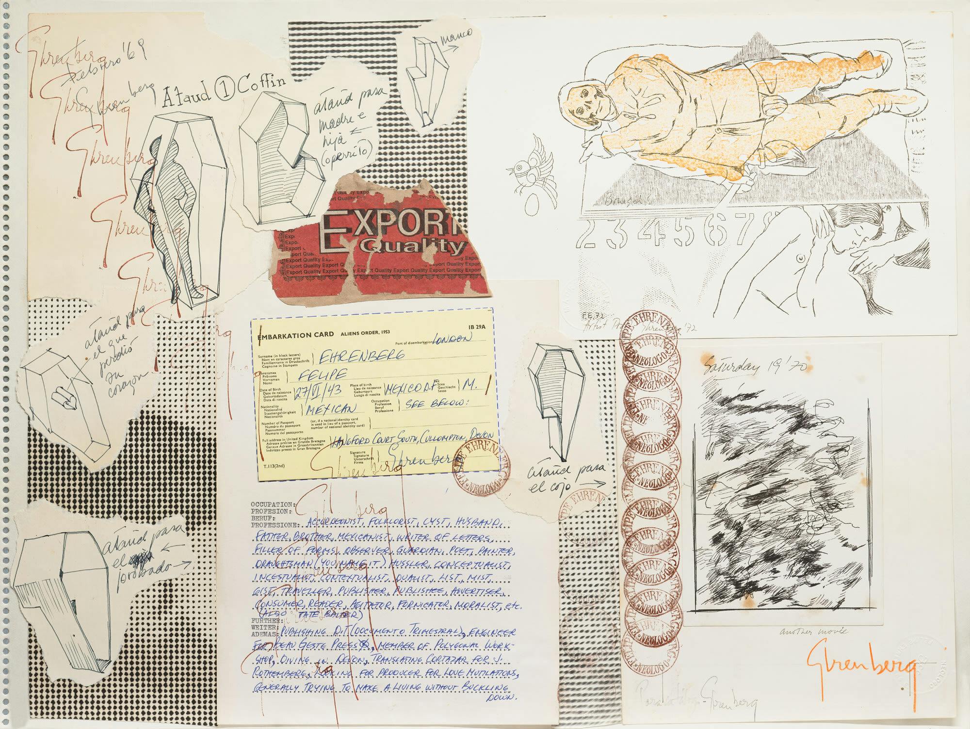 A collage showing fragments of official documents and drawings, overlaid with handwritten text and stamps.