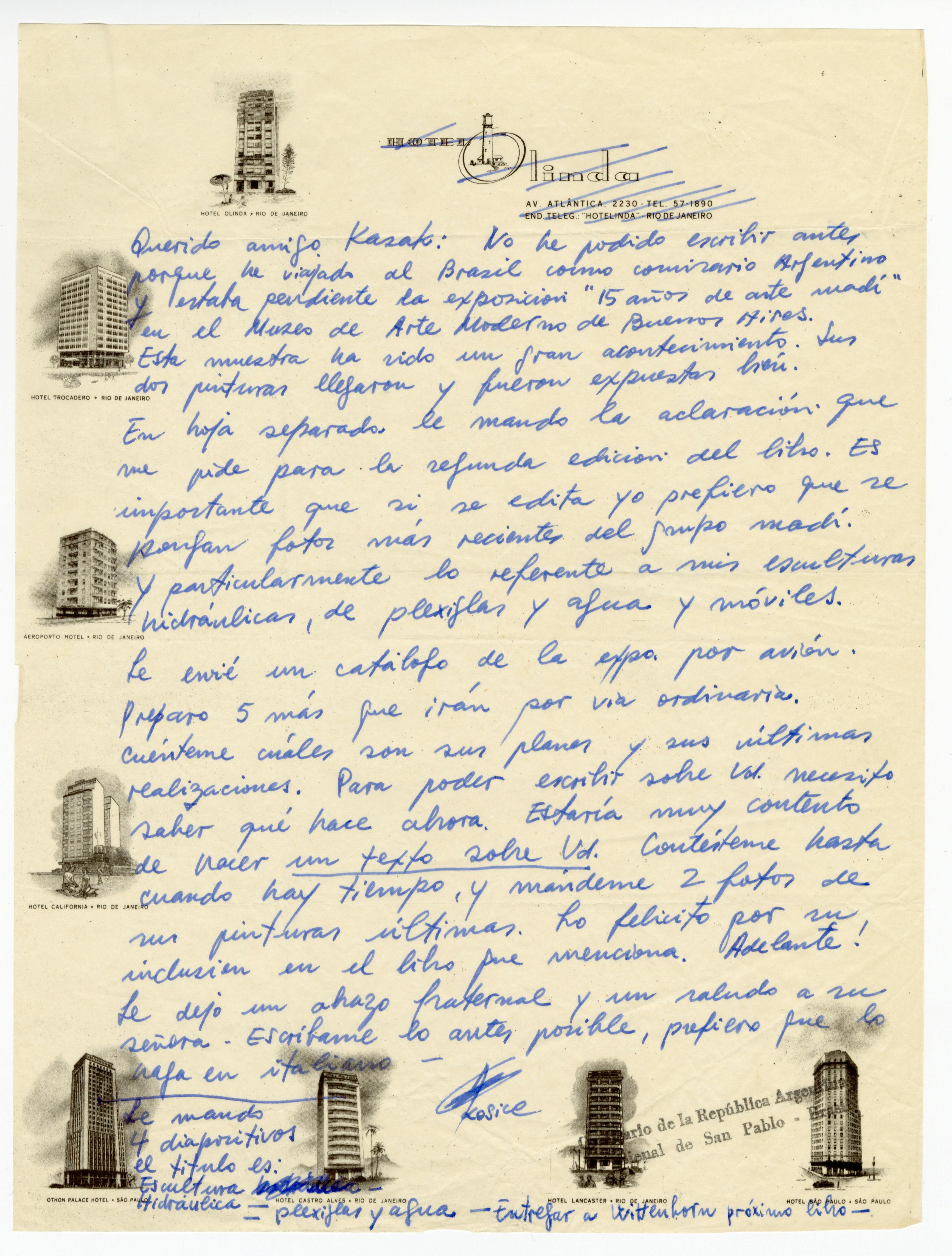 Hand-written letter on hotel letterhead paper
