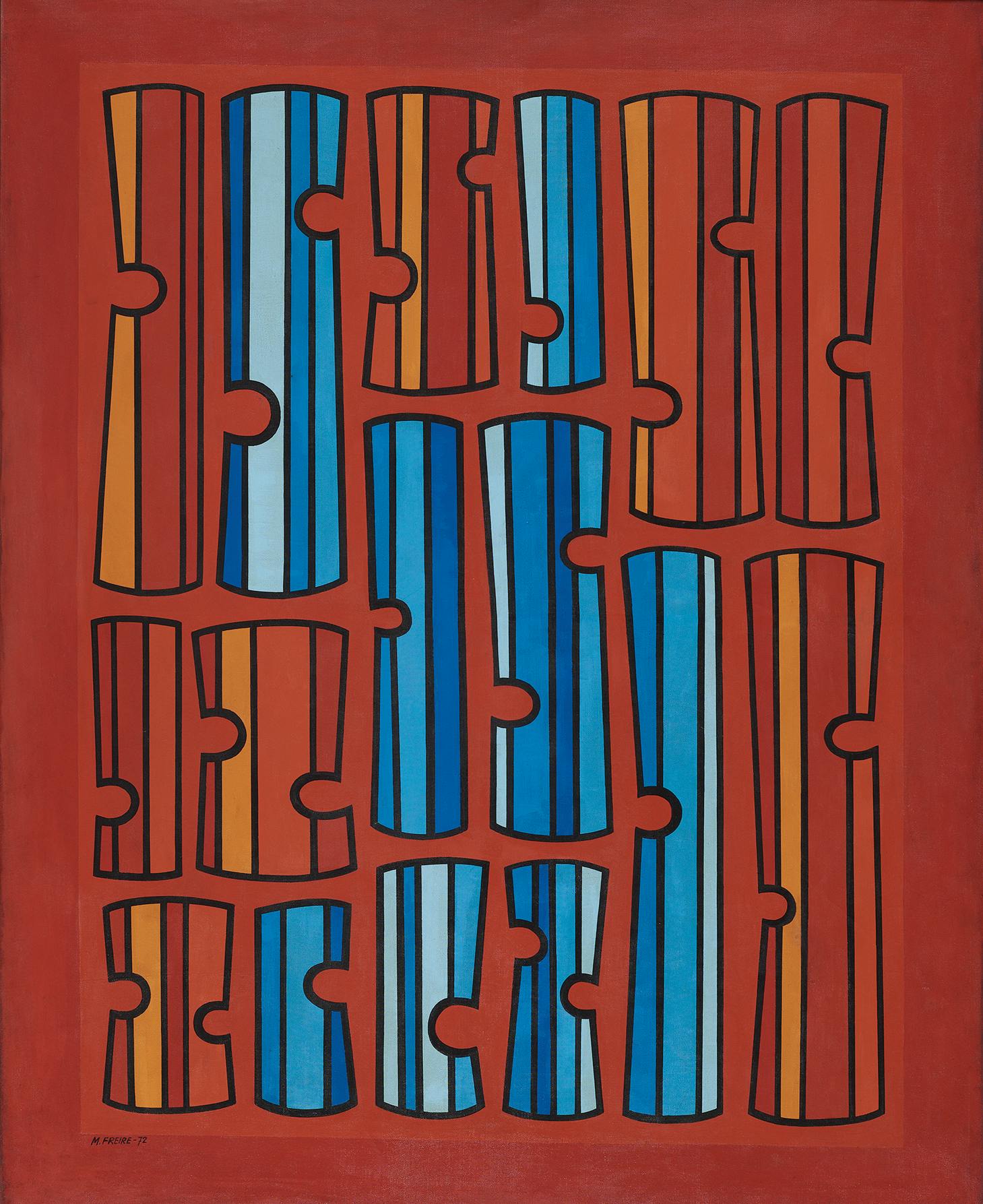 A painting of abstract red, orange, and blue shapes on a red background.