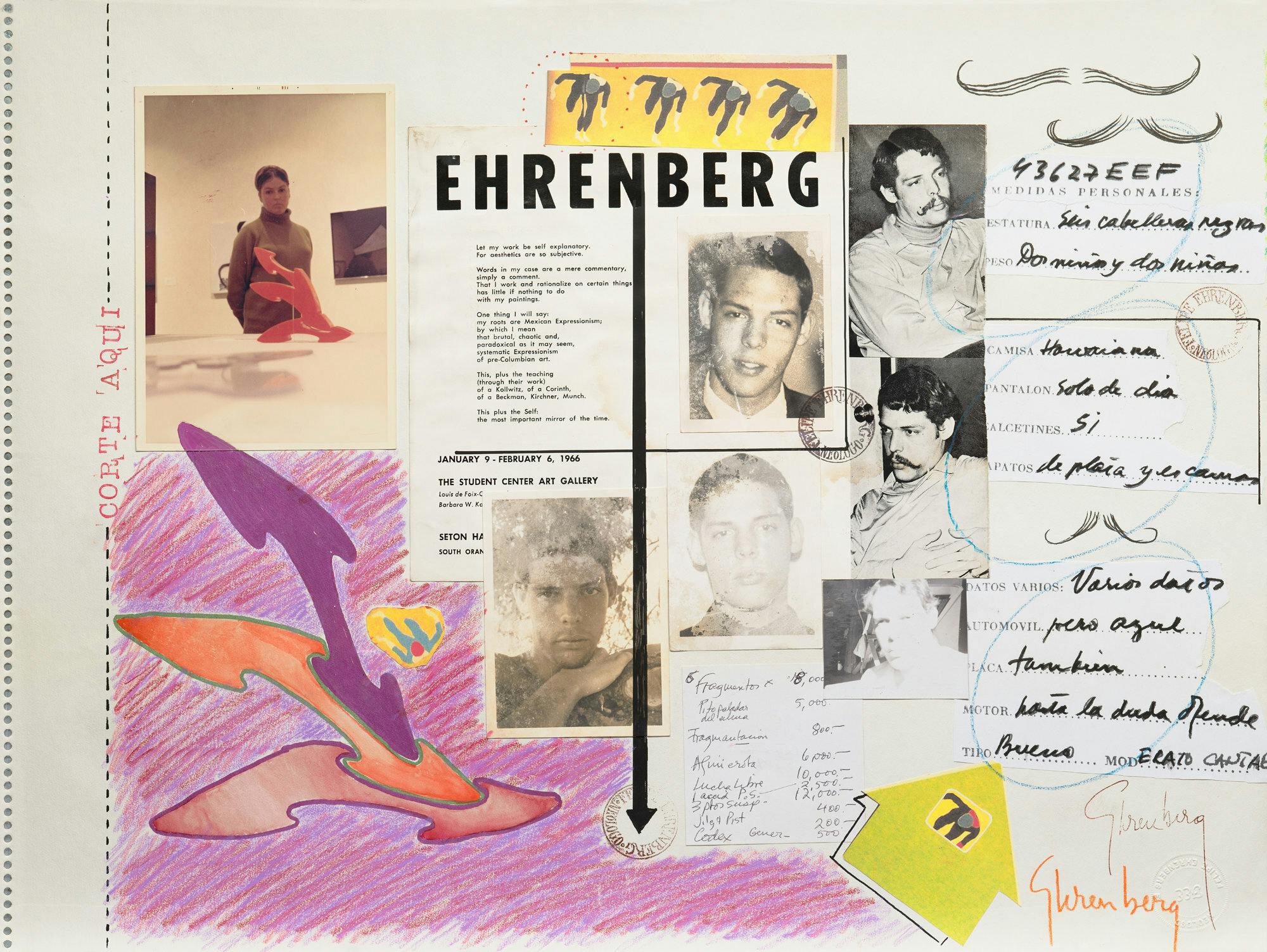 A collage showing fragments of official documents and portrait photographs of Felipe Ehrenberg with drawings of abstract shapes.