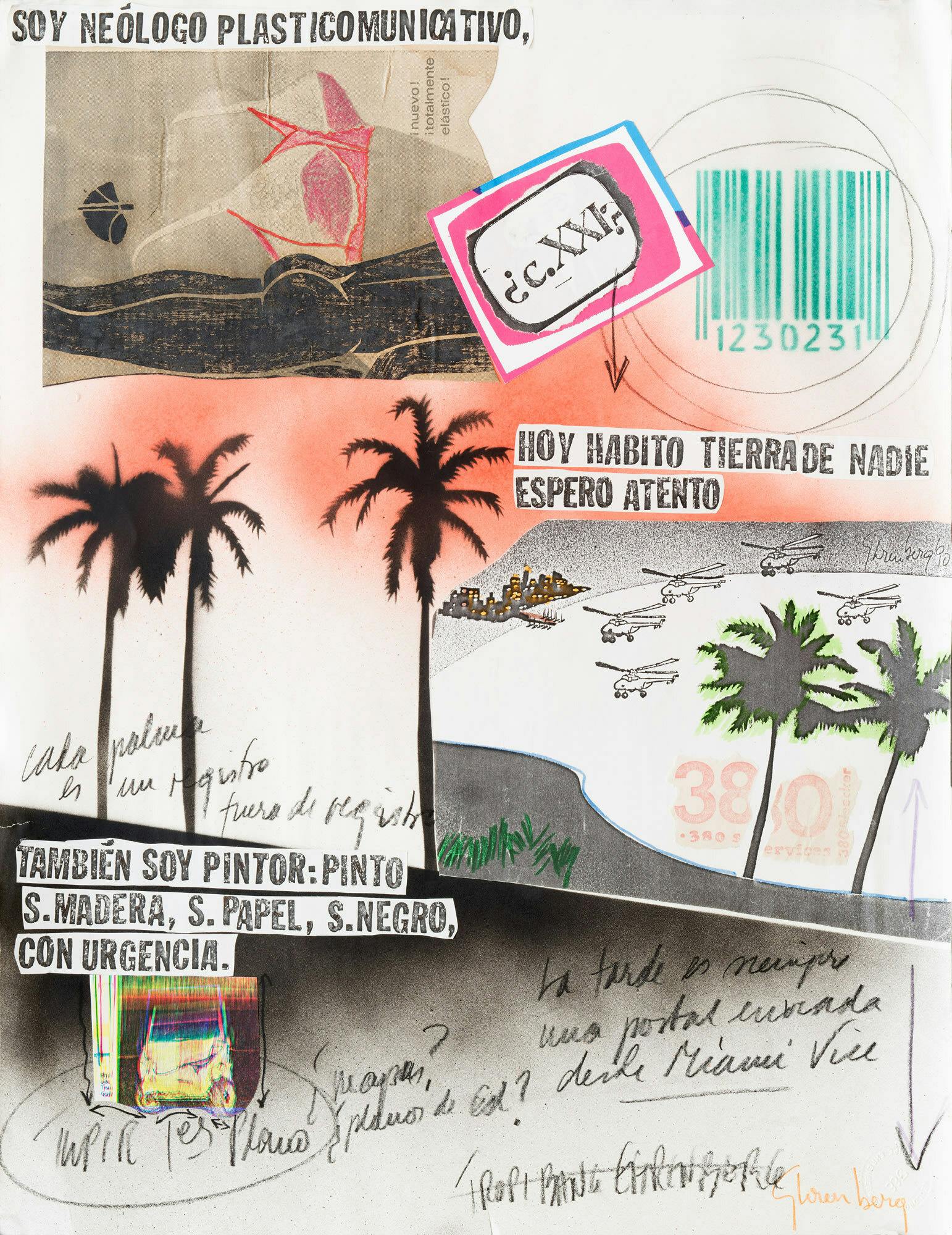 A collage showing various newspaper clippings of text overlaid with handwritten text and stamps.