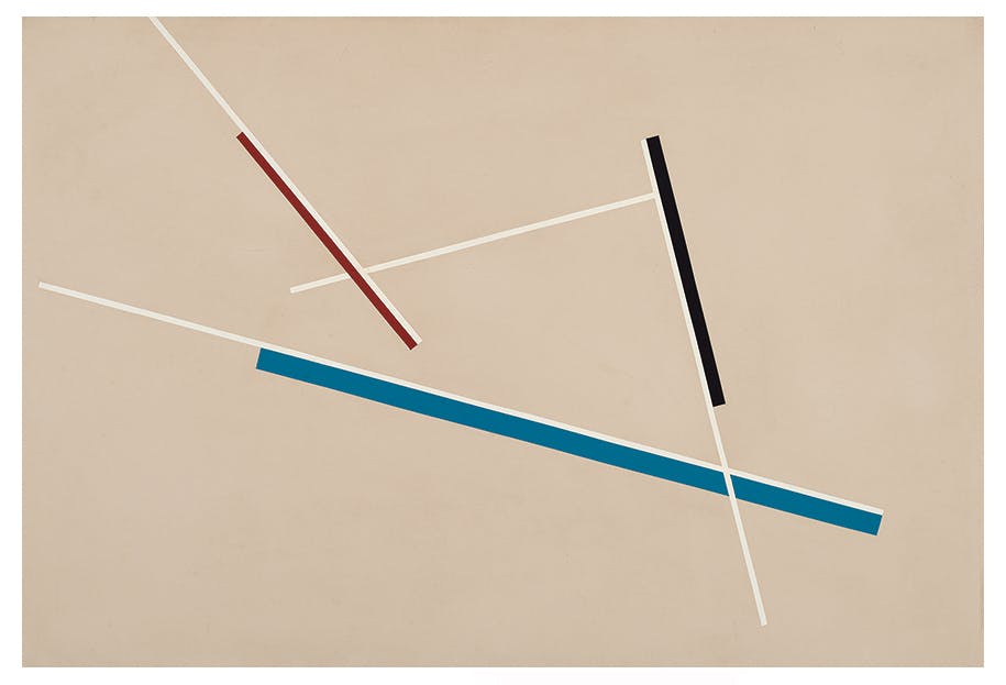 A painting of thin, white lines with rectangles in blue, red, and black on a light brown surface.