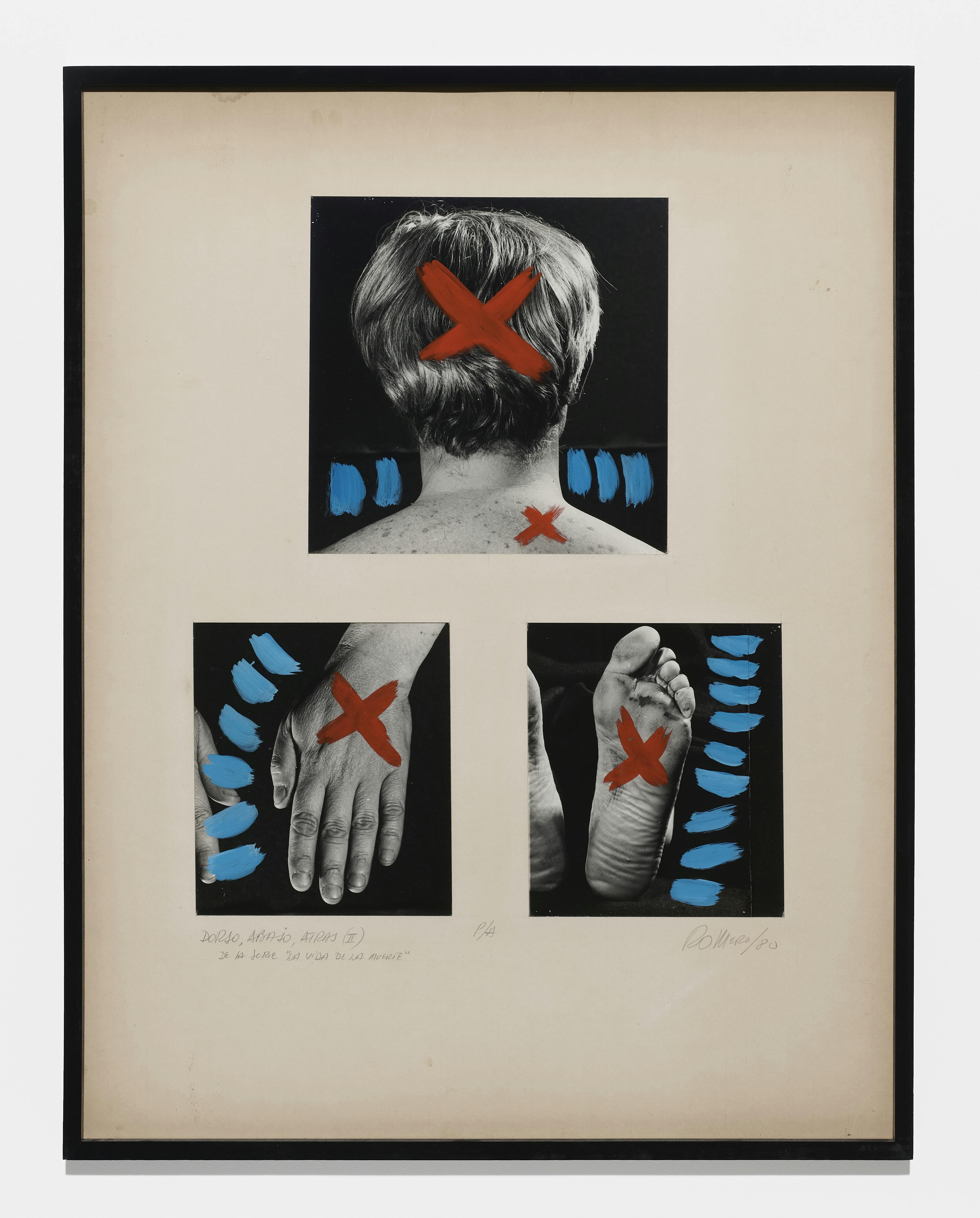 On a sheet of white paper, three black-and-white photographs are arranged in two rows. On the top row is a close-up image of the back of the artist Juan Carlos Romero’s head. On the bottom row, respectively, a picture of the back of a hand and the bottom of a foot. On each of these images, bright red X’s and blue striping are painted over top. The X’s appear in the center of the body parts, while the blue striping takes up the negative space around their edges.