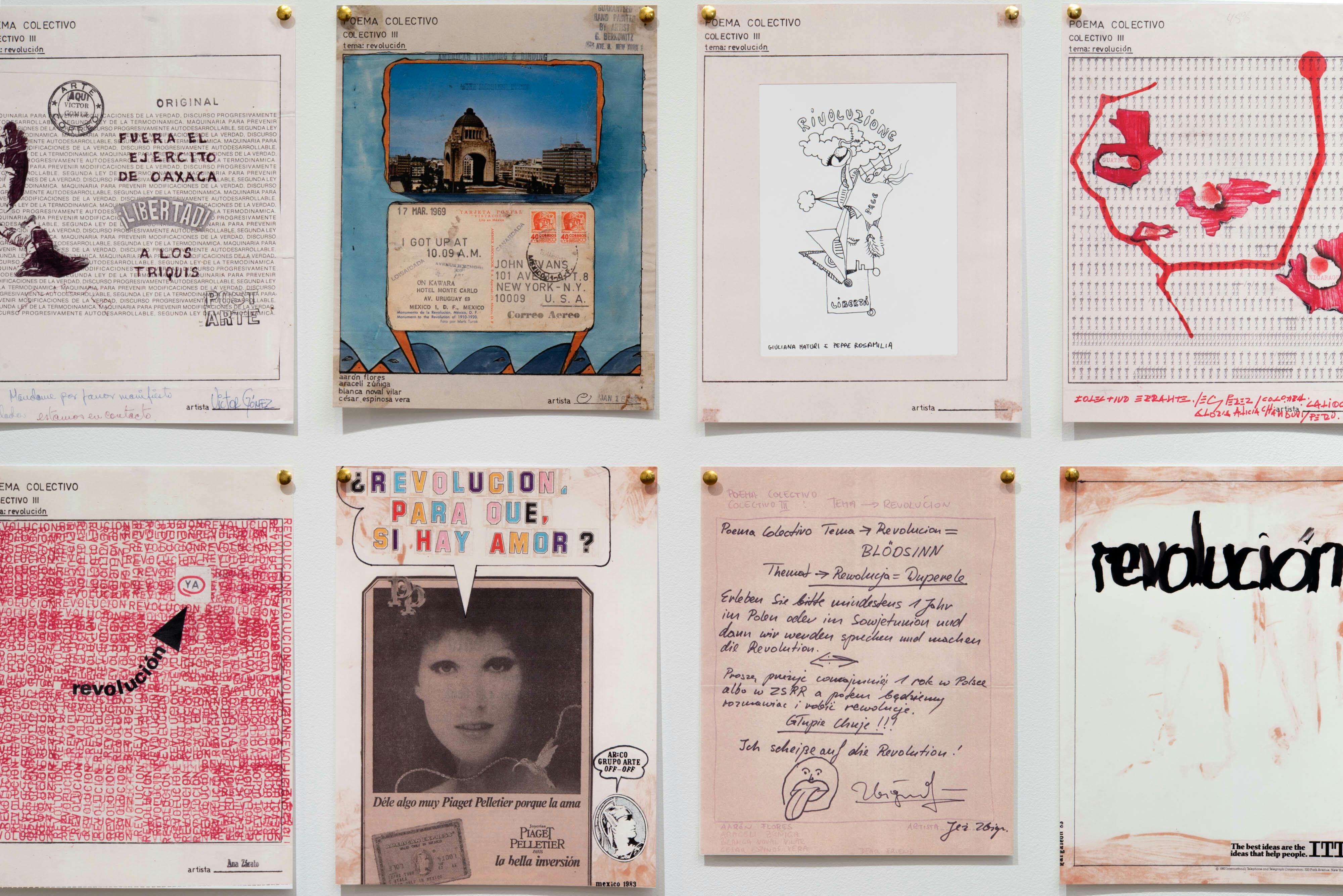 Close up view of collages in Poema Colectivo Revolución exhibition.